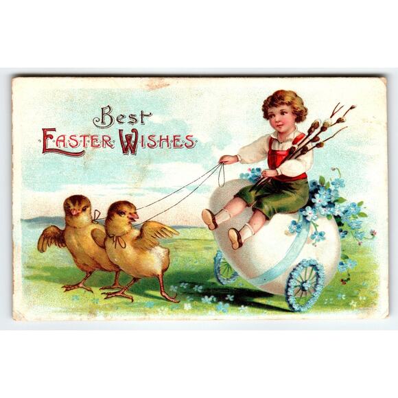 Vintage Easter Fantasy Postcard Child in Egg Cart Buggy with Chicks Embossed - Picture 1 of 2